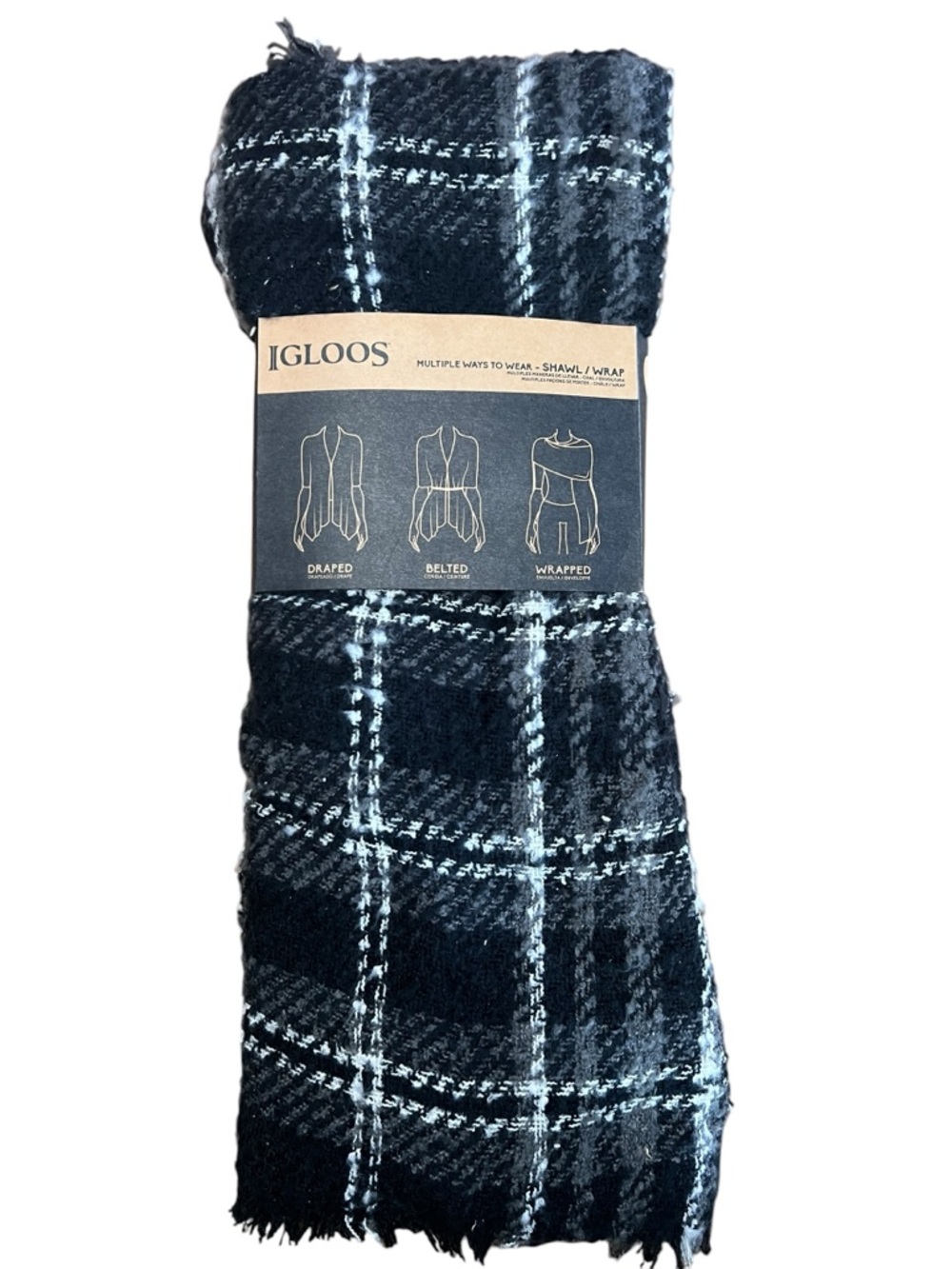 Igloos Black Plaid Shawl Wrap Boucle Fringe Scarf Ruana Multi Wear NWT